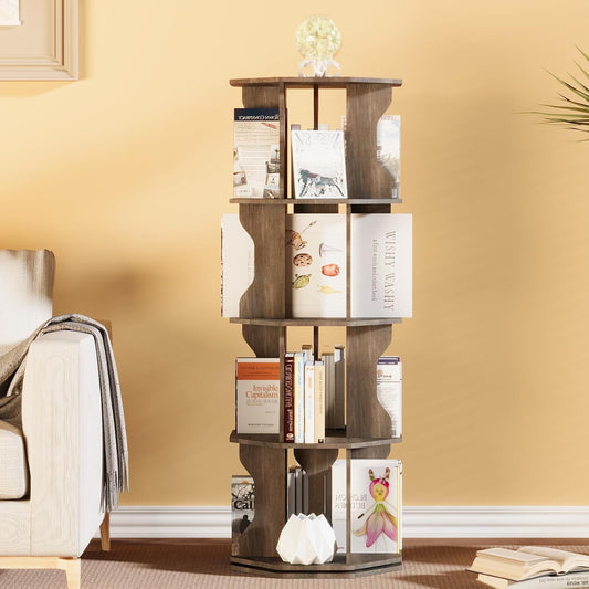 4 Tier Rotating Bookshelf, Spinning Bookshelf Tower Lazy Susan, Corner Revolving Storage Rack for Bedroom, Study Room, Kids Room, Living Room, Office, Gray