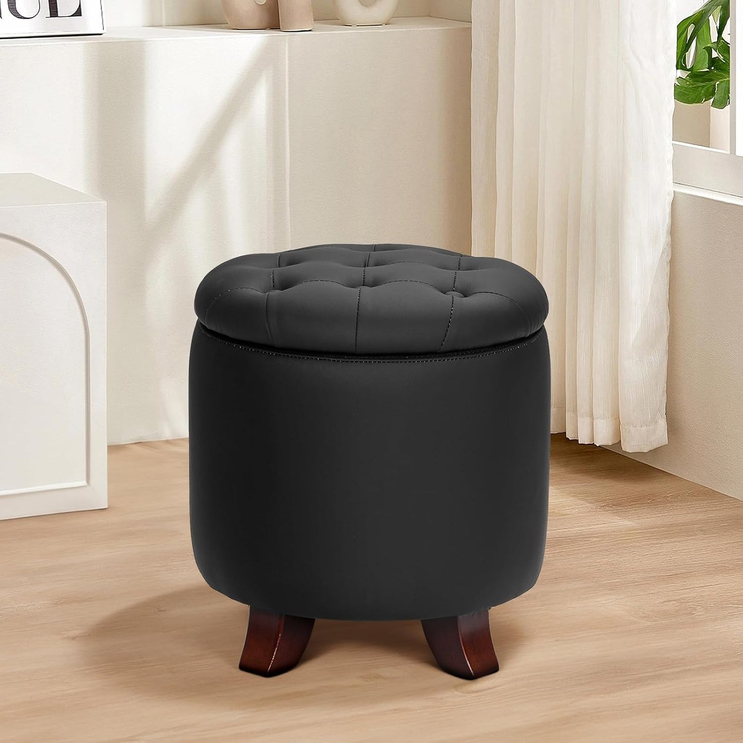 Athena Collection 15 Inch Small Ottoman with Storage, Round PU Leather Storage Ottoman Foot Rest with Removable Lid, Multipurpose Footstool Footrest for Living Room, Bedroom, Dorm, Black