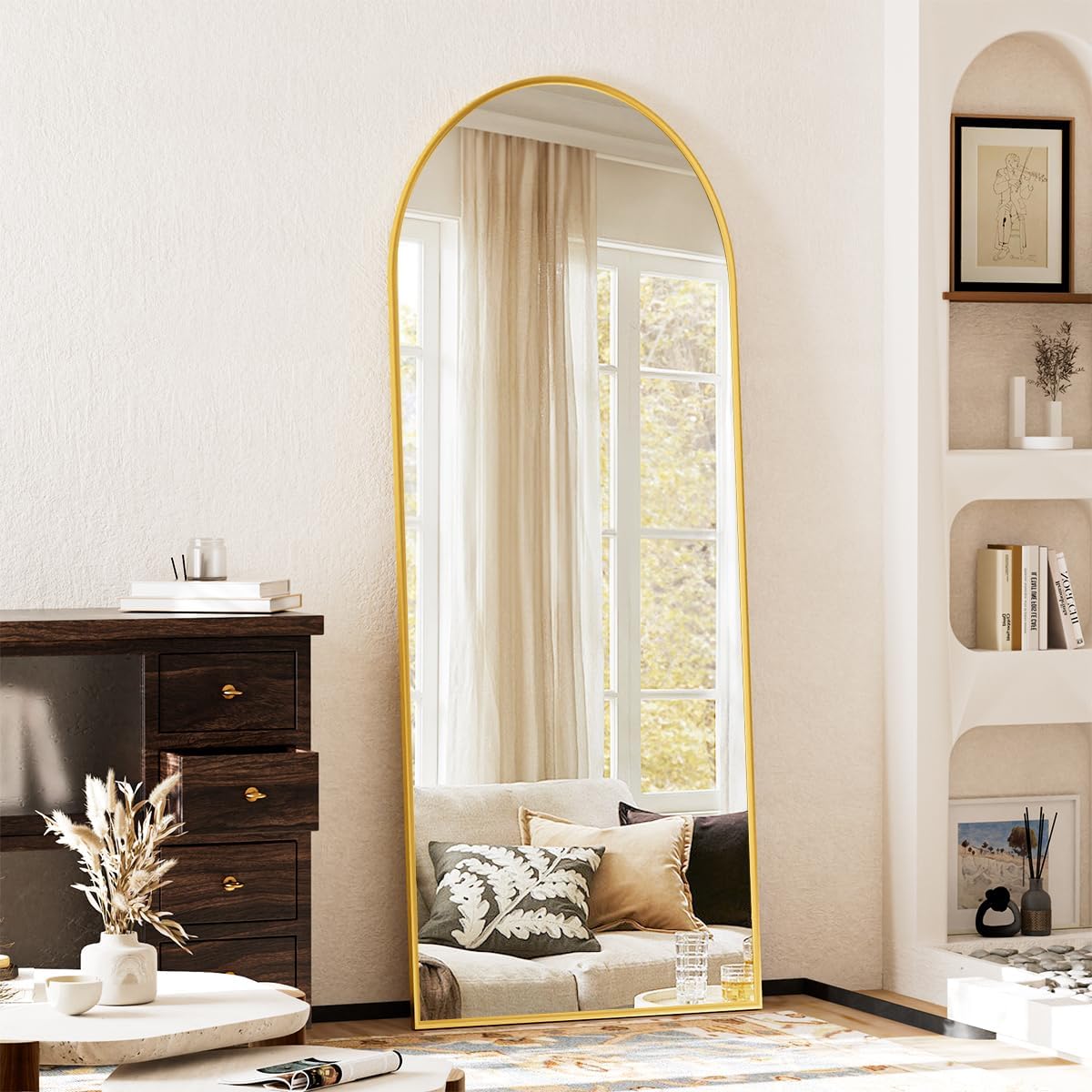 Arched Full Length Mirror, 64" x 21" Arch Floor Mirror with Stand, Full Length Wall Mirror Hanging or Leaning Arched-Top Full Body with Stand for Bedroom, Dressing Room, Gold