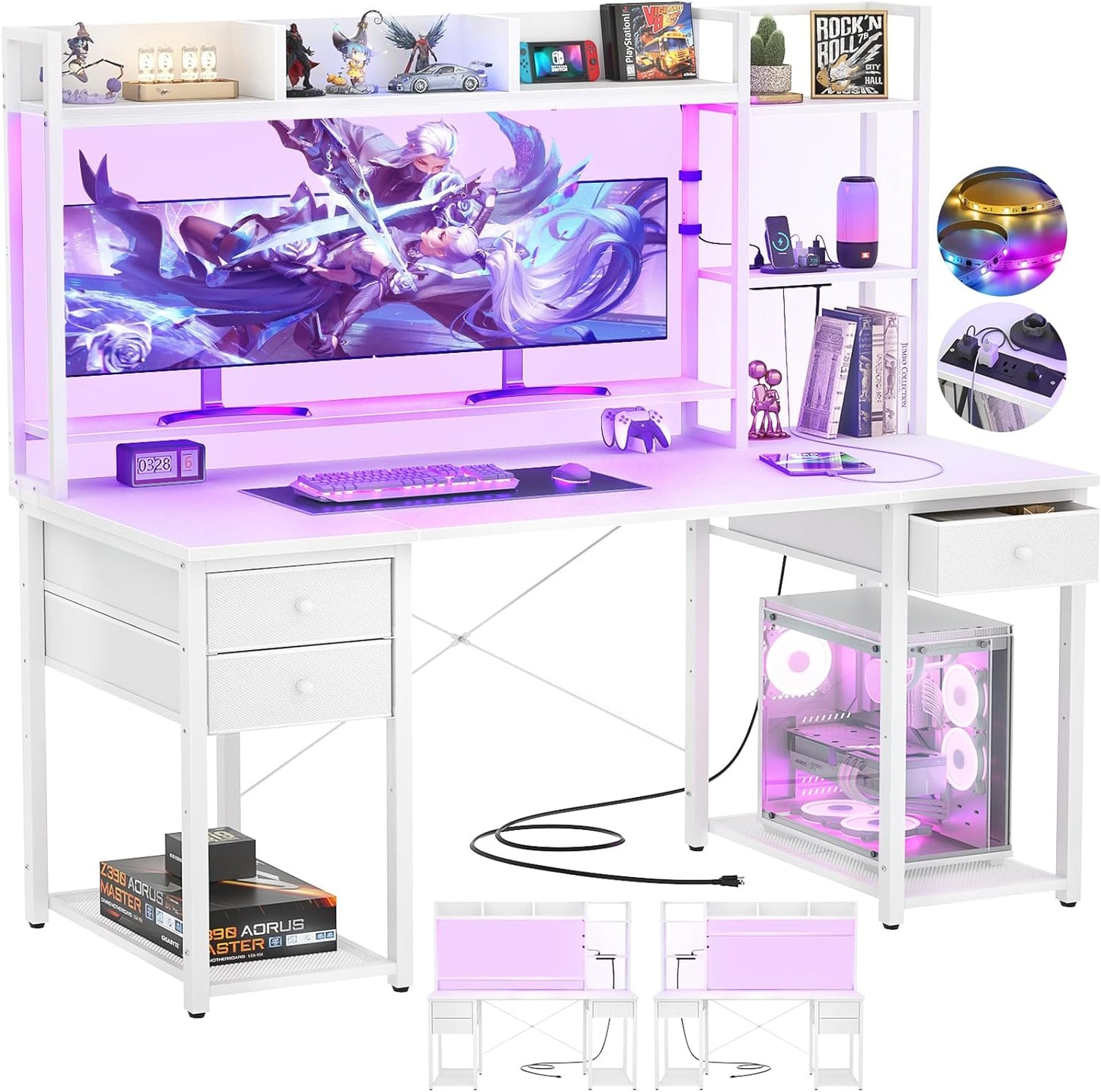 Aheaplus LED Gaming Desk with Hutch, 55.2" Workstation - White