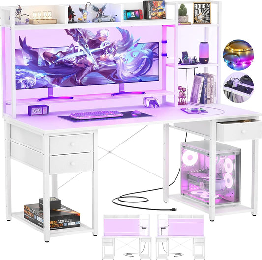 Aheaplus LED Gaming Desk with Hutch, 55.2" Workstation - White