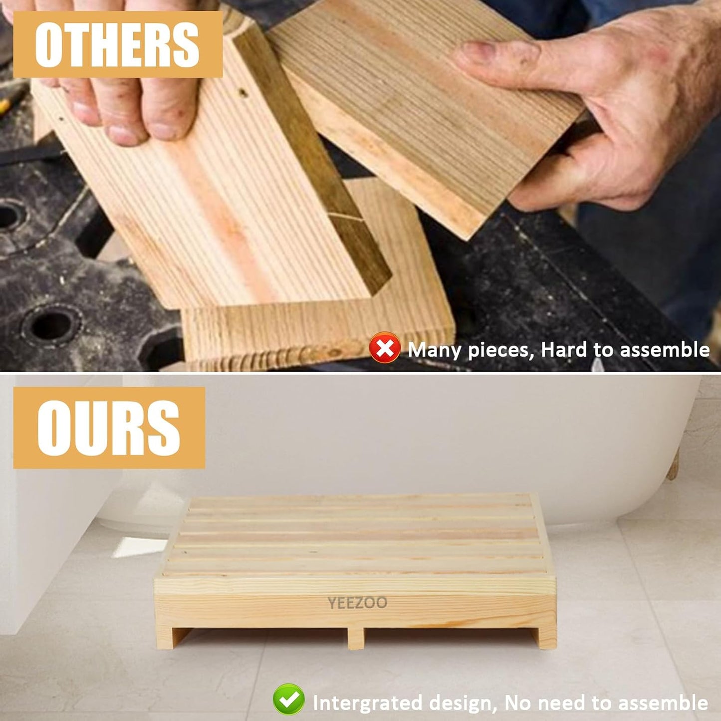 Wooden one Step Stool- Solid Pine Wood Step Riser with Non-Slip Pads, Wood Step Stool for Elderly Adults, high Bed, Bathroom, Kitchen (31.5" L*15.7" W*3.9" H, Natural, 400LBs Capacity)