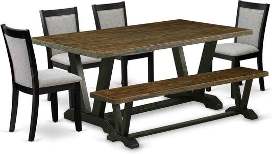 East West Furniture V677MZ606-6 6 Piece Dinette Set Contains a Rectangle Dining Room Table with V-Legs and 4 Shitake Linen Fabric Parson Chairs with a Bench, 40x72 Inch, Multi-Color