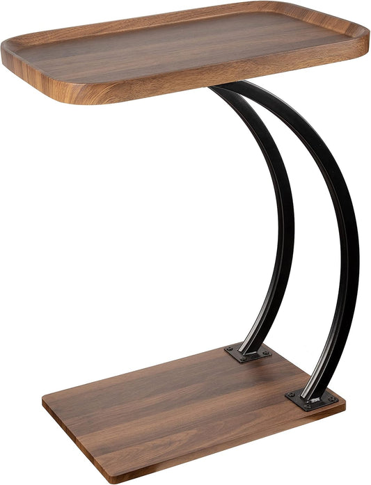 C Shaped 2tier Large Tray Wood top Heavy Duty Side end Table Large TV Tray for Couch Sofa Double Bent Tubes 2