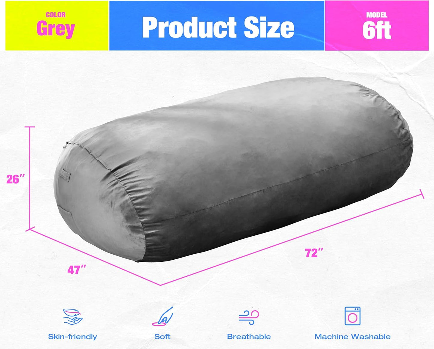 Hobestluk 6FT Bean Bag Chair Large Beanbag Lounger with Removable Cover Adult Bean Bag Chair with Portable Handle Desgin for Living Room Bedroom (Grey, 6FT)