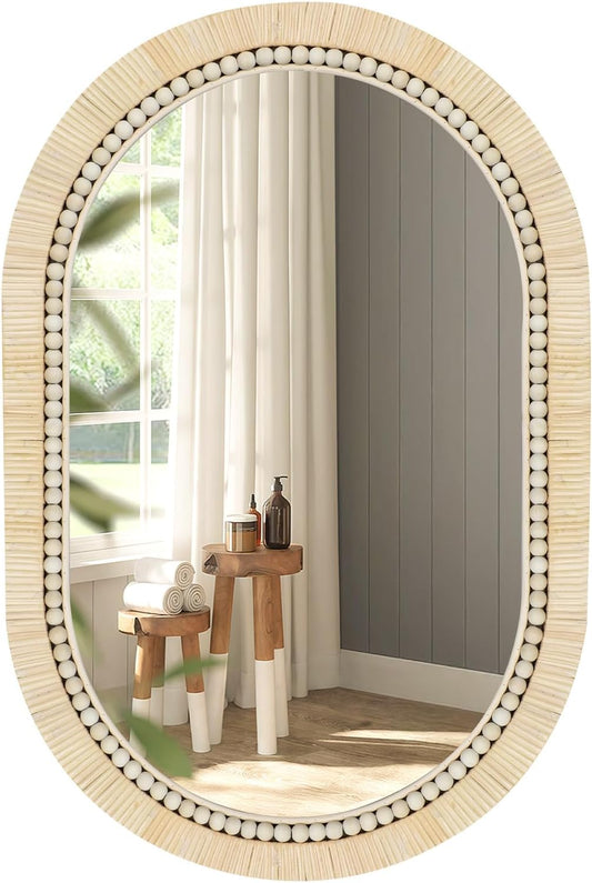 ULIKE Rattan Mirror for Bathroom, 20x30 Inch Oval Rustic Farmhouse Wall Decor with Handmade Wicker Frame, Boho Mirror for Nursery Bedroom Living Room Entryway