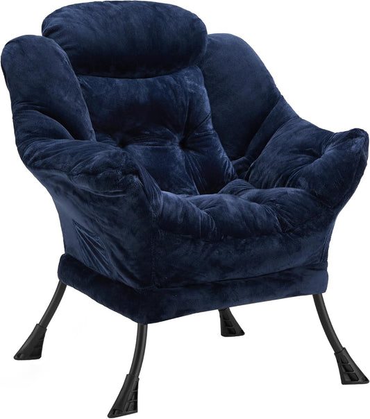 Fabric Lazy Chair for Adults, Oversized Upholstered Sofa Chair, Plush Comfy Lounge Chair with Large Side Storage Pocket, Thick Padded Reading Chair for Living Room, Bedroom, Office, Navy Blue