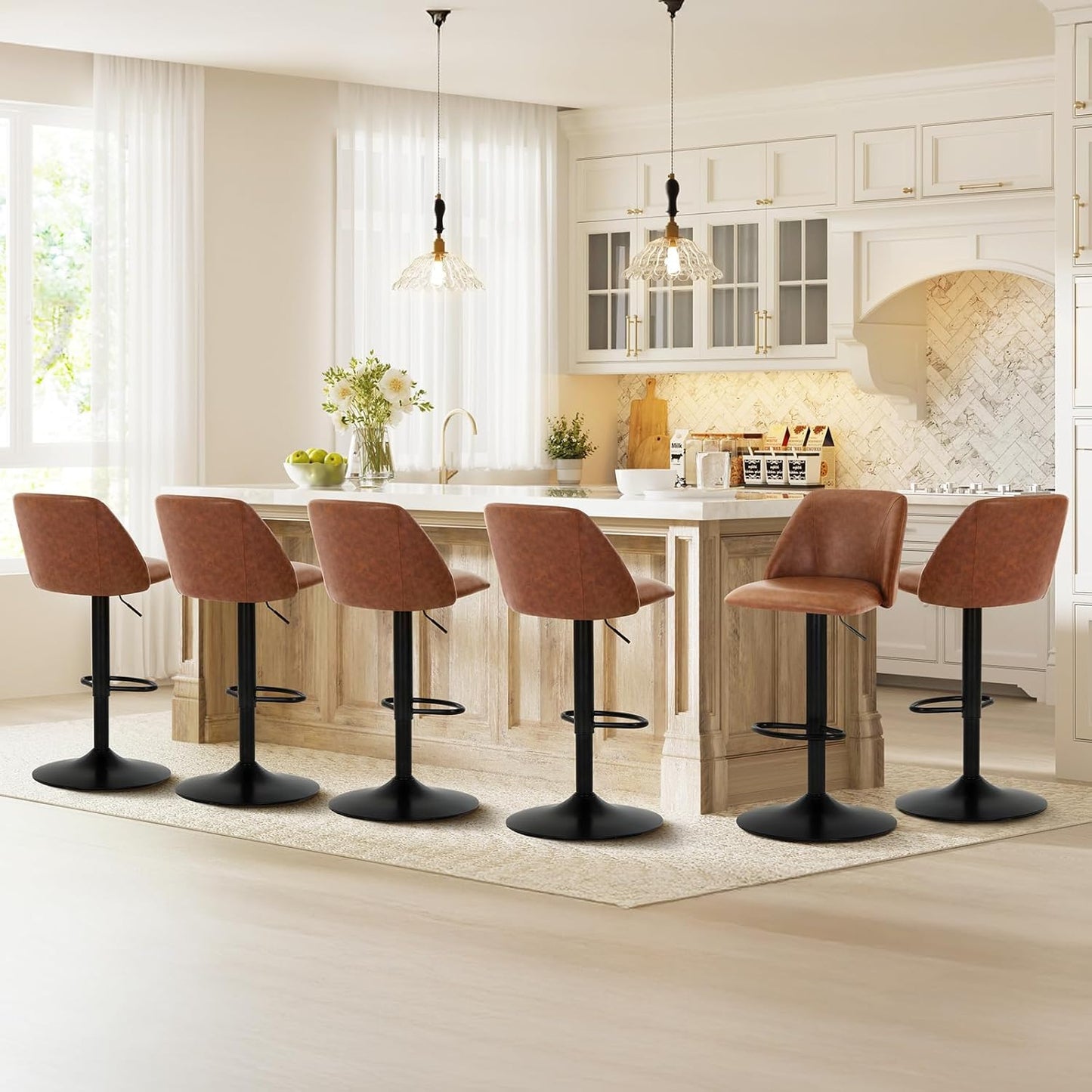 COLAMY Bar Stools Set of 4, Modern Swivel Bar Chairs, Adjustable PU Leather Upholstered Barstools Counter Height with Full Backrest for Bar, Dining Room, Kitchen Island, Brown