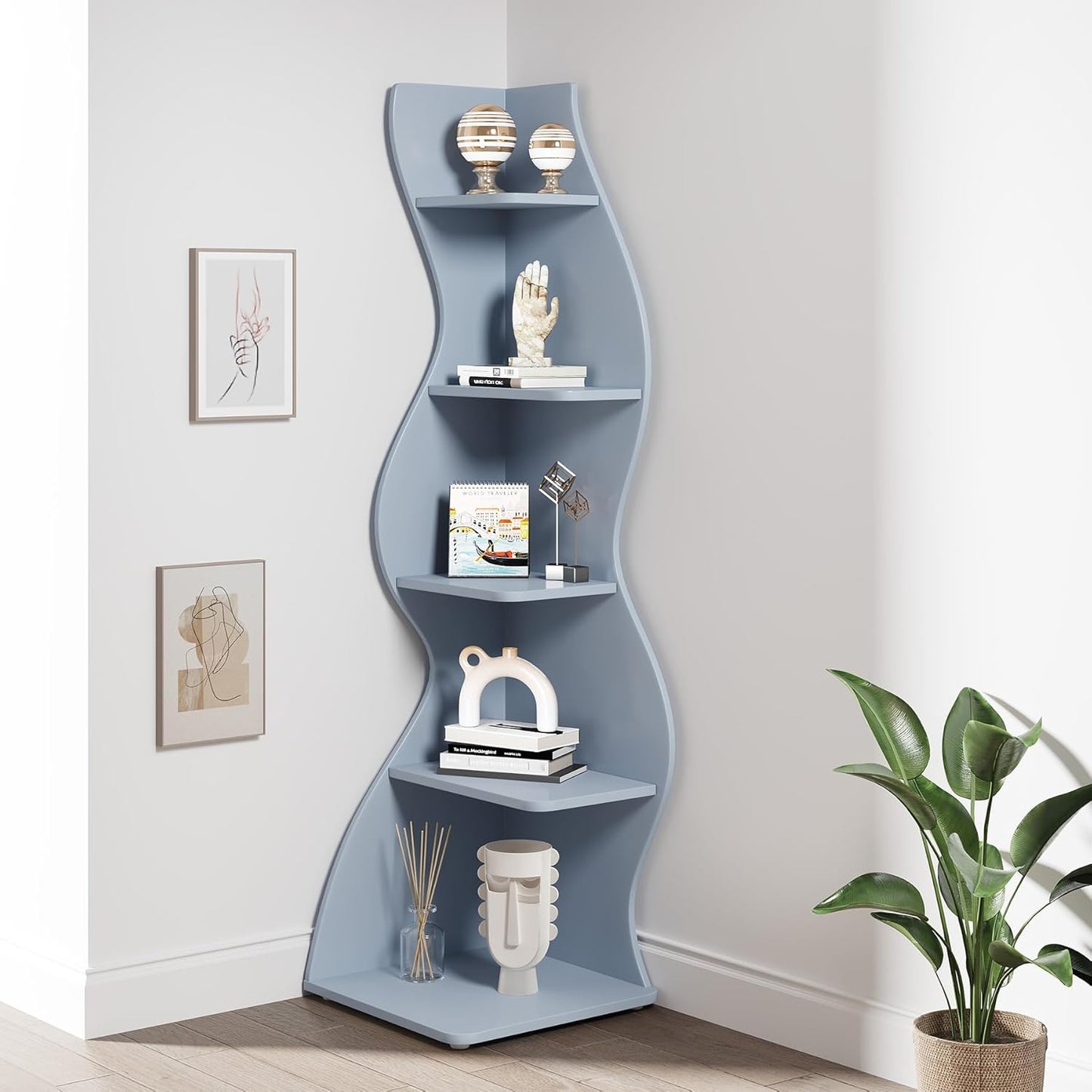 Tribesigns Corner Shelf, Modern 5-Tier Wall Corner Bookshelf, Stylish Corner Small Bookcase Storage Rack Plant Stand with Unique Shape for Living Room, Home Office (Blue, 1PC)