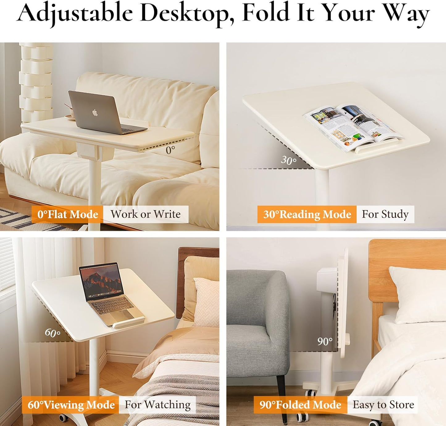 Adjustable Computer Desk, Solid Wood Folding Desk with Wheels, Mobile Home Office Laptop Table, Sit Stand Workstation, Rolling Desk, 28.35-42.52 H x 31.5 W x 19.69 D Inches,White