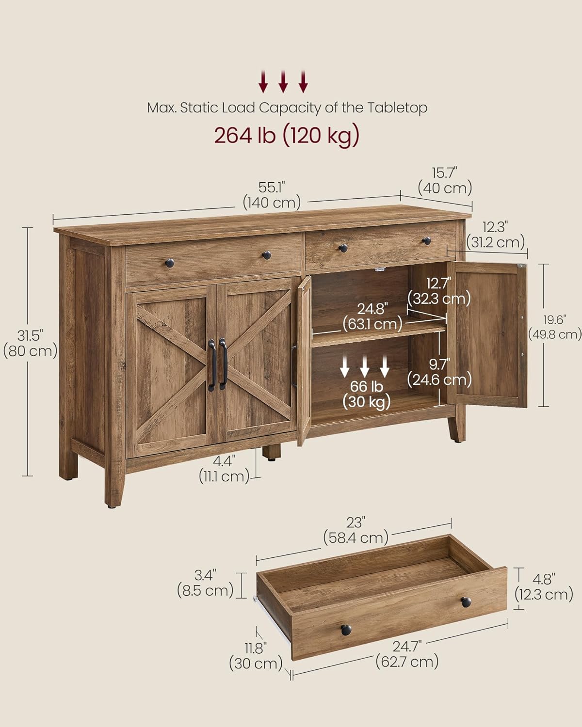 VASAGLE LIRY Collection - Buffet Cabinet, Coffee Bar Cabinet with 2 Drawers, Adjustable Shelves, Sideboard Storage with Cable Holes, Drawer Dividers, Honey Brown UBBK381K01