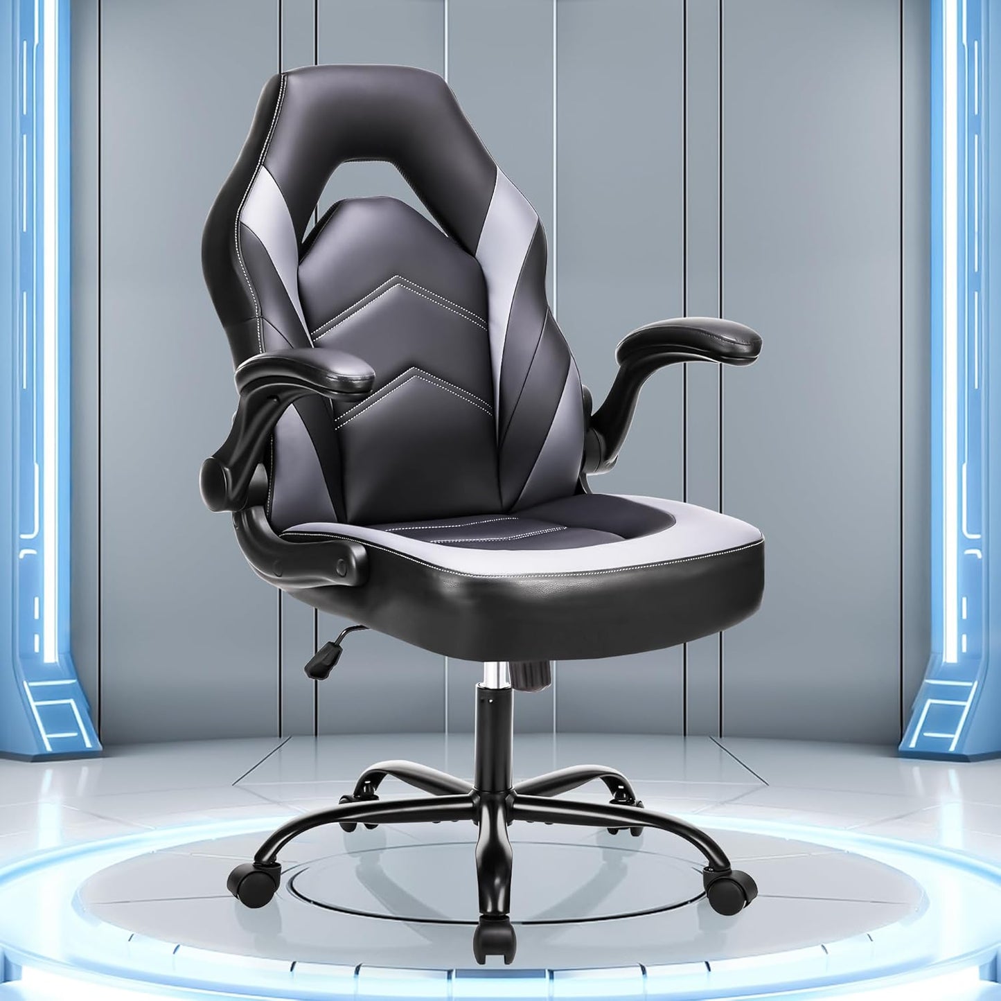 OLIXIS Big and Tall Office Desk Leather Gaming Computer Chair with Adjustable Swivel Task and Flip-up Arms for Adults, Teens, Grey
