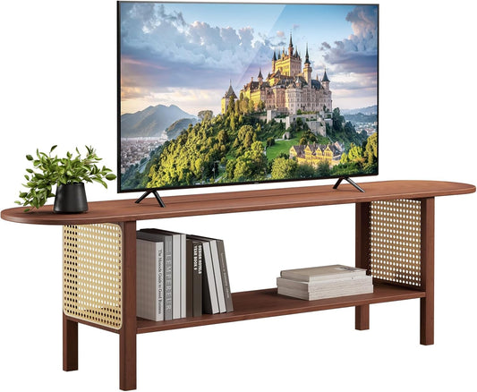HollyHOME Bamboo TV Stand with Storage for TVs up to 65", Modern Entertainment Center with Rattan Side, Accent TV Table with 2 Shelf, Media Console TV Stand for Living Room, Bedroom, Walnut