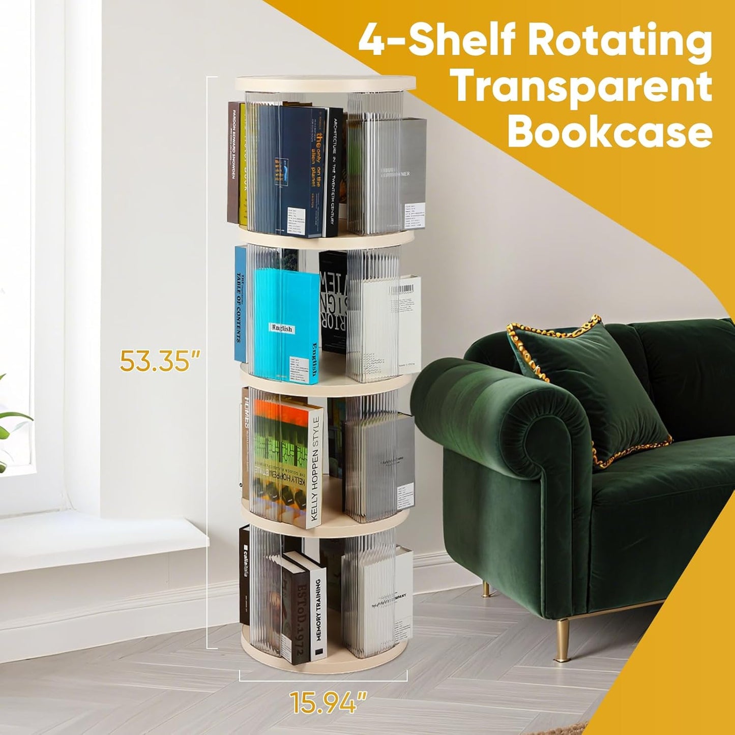 FAHKNS 4 Tier Rotating Bookshelf,360° Revolving Bookcase Tower,Clear Acrylic Round Book Shelf for Small Space,Suitable for Spinning Bookshelf Tower in Bedroom, Living Loom, Office