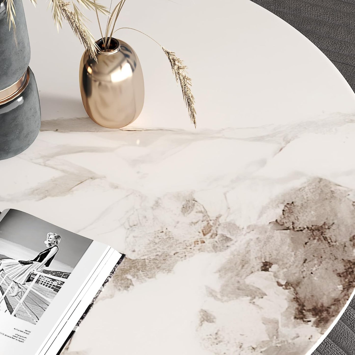 Round Faux Marble Dining Table Modern 32 Inch Kitchen Table with Black Metal Legs for Dining Room Kitchen