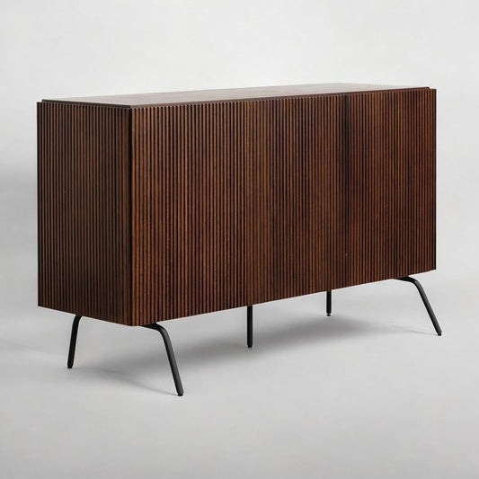 NTC Veil Modern Sideboard with 3 Doors, Buffet Cabinet with Vertical Groove Design and Metal Legs, Storage Cabinet for Living Room, and Hallway, Effortless Assembly - Dark Walnut