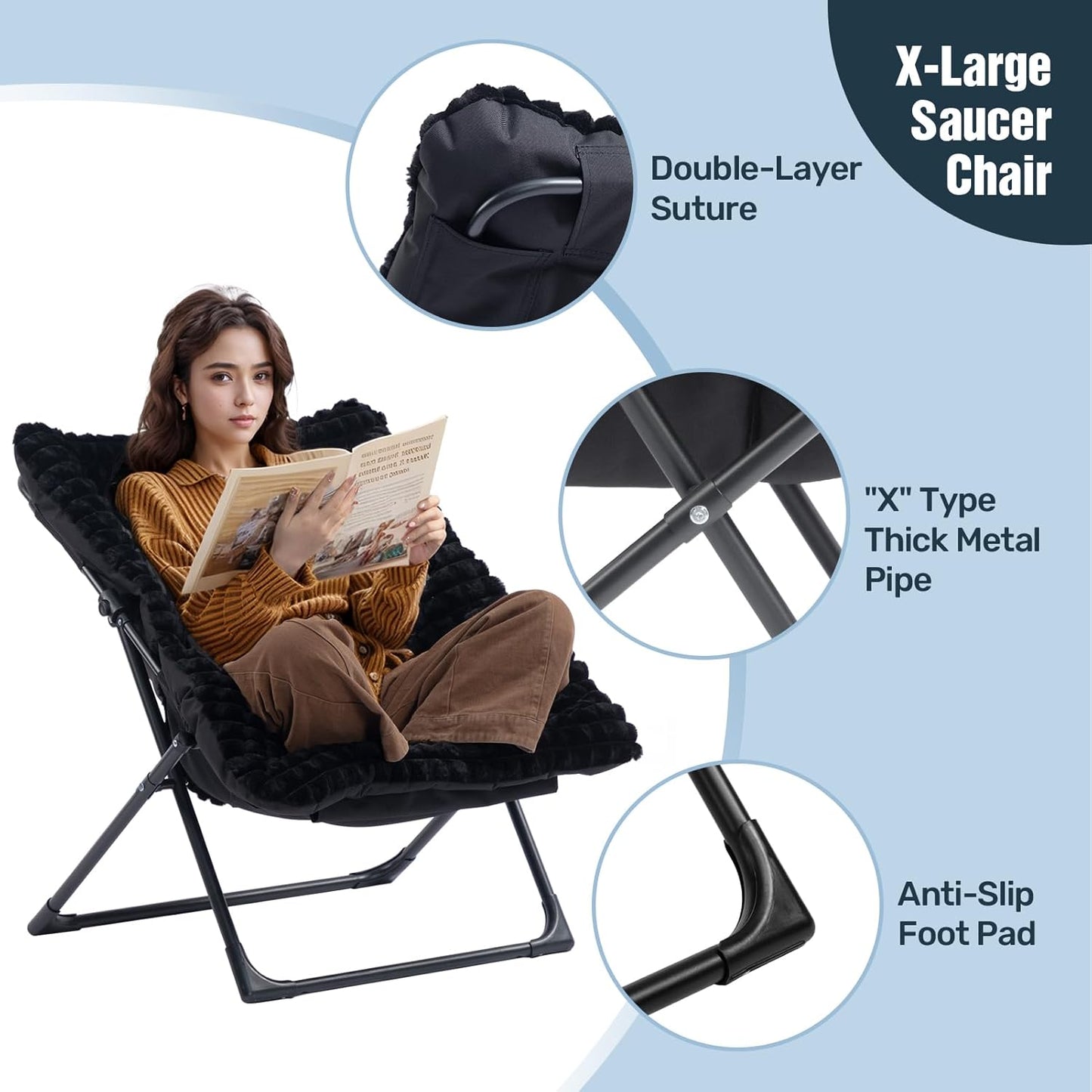 HollyHOME X-Large Saucer Chair with Foldable Ottoman, Comfy Oversized Folding Chair and Folding Footrest Stool Set, Faux-Fur Reading Chair and Footstool for Living Room, Bedroom, Black Chair&Stool