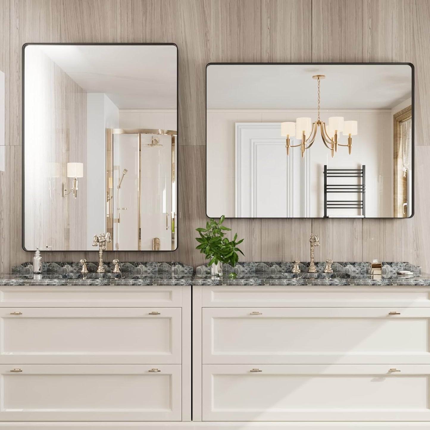 Black Bathroom Mirror 48X36 Inch, Black Metal Framed Mirror for Wall, Rounded Rectangle Matte Bathroom Vanity Mirror with Tempered Glass, Anti-Rust, Horizontal/Vertical