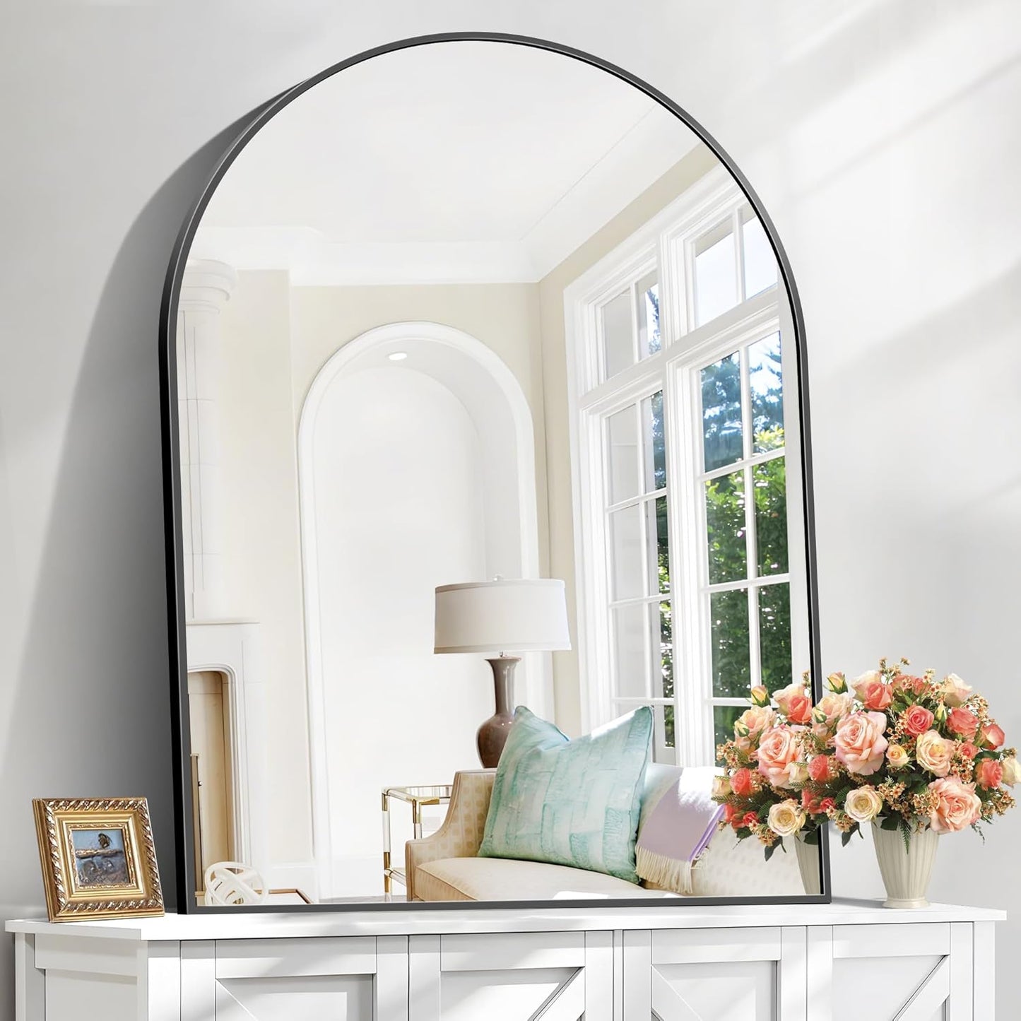 Arched Bathroom Mirror, 36x48IN Black Bathroom Mirror with Metal Frame, Wide Wall Mounted Mirrors Decor Modern Dresser Mirror for Bedroom Living Room Entryway