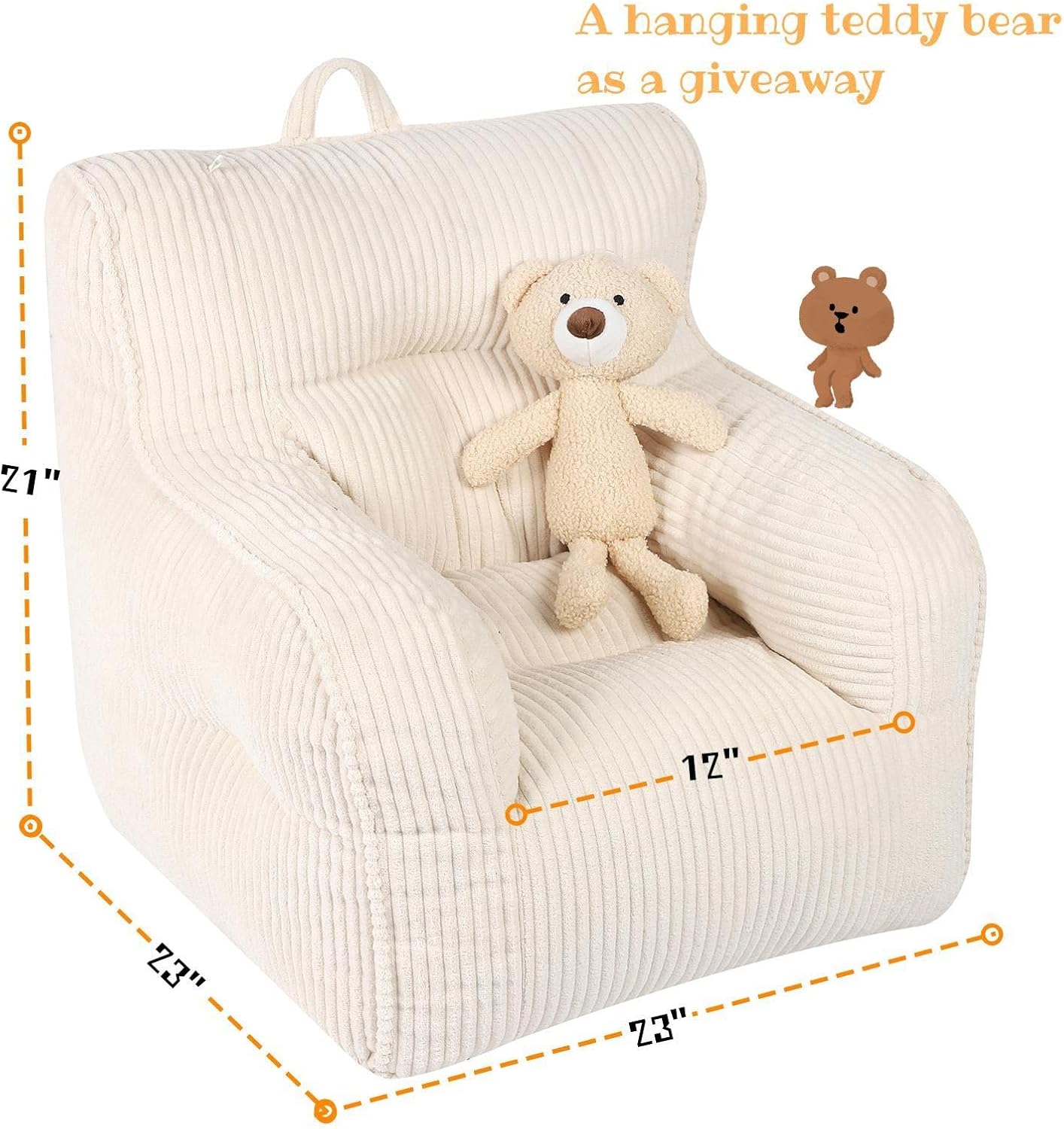 Kids Bean Bag Chair with a Plush Bear, Comfy Toddler Chair for Boys and Girls, Beige