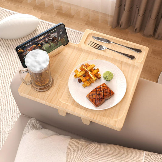 Bamboo Couch Arm Table with Remote Control Tray & Rotating Phone Holder,Non-Slip Clip Fits Sctional Sofa and Pillow,Foldable Armrest Tray Table for Couch,Durable Sofa Arm Table for Drinks and Dining