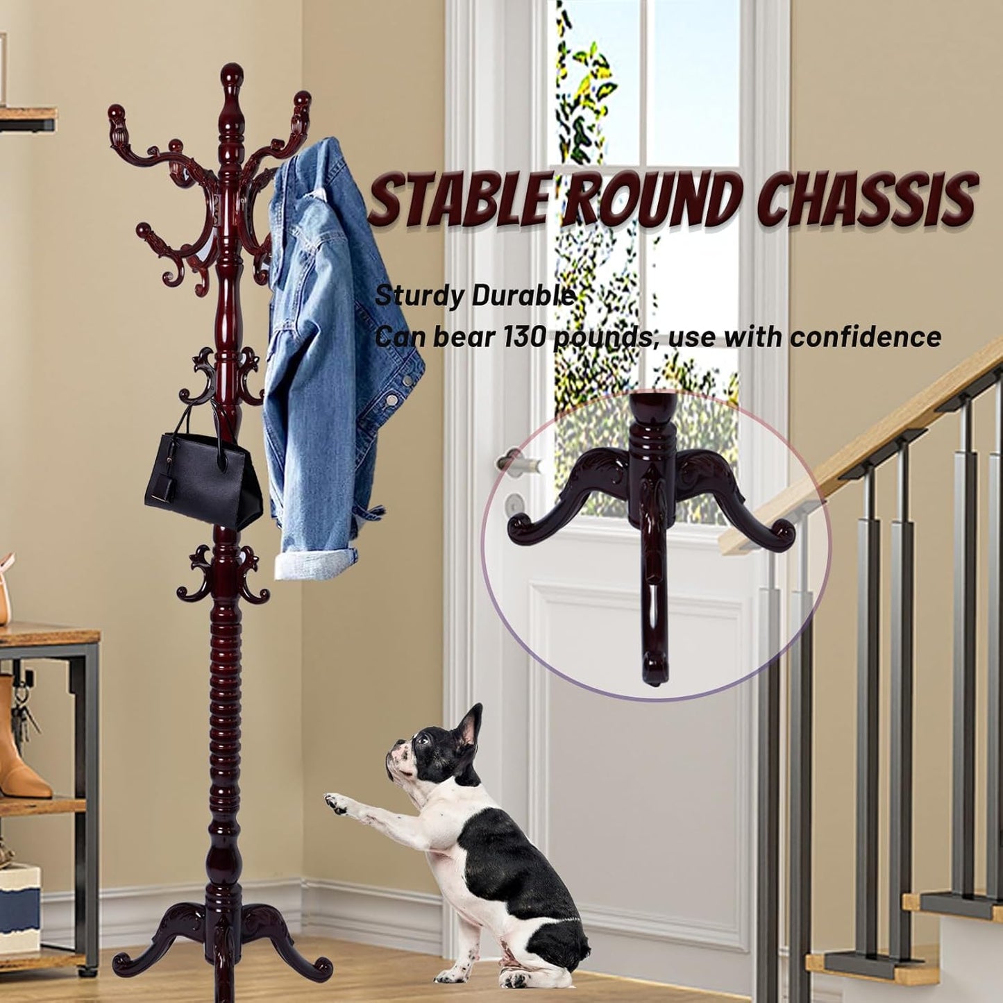 73 in Wood Coat Rack, Coat Rack Freestanding with Stable Round Base, Adjustable Height Tree Coat Racks Stand for Home Bedroom Office Hallway Entryway (Triangle Redwood)