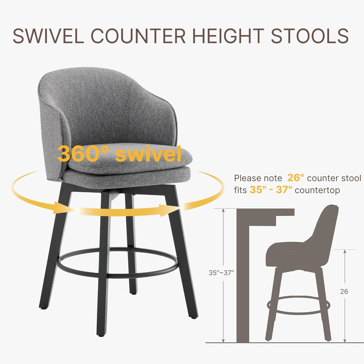 Counter Height Barstools 26 inch Upholstered Swivel Bar Stools with Back and Wood Legs for Kitchen Island,Set of 1,Dark Grey Fabric
