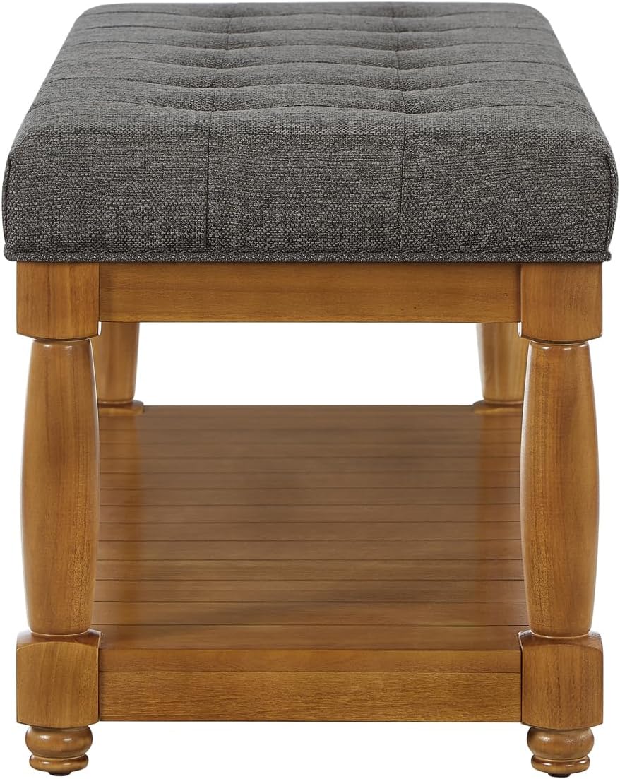 24KF Large Rectangular Upholstered Tufted Bed Bench, Linen Fabric Storage Ottoman Bench for Living Room, Padded Entryway Bench with Solid Wood Shelf,5098-Granite