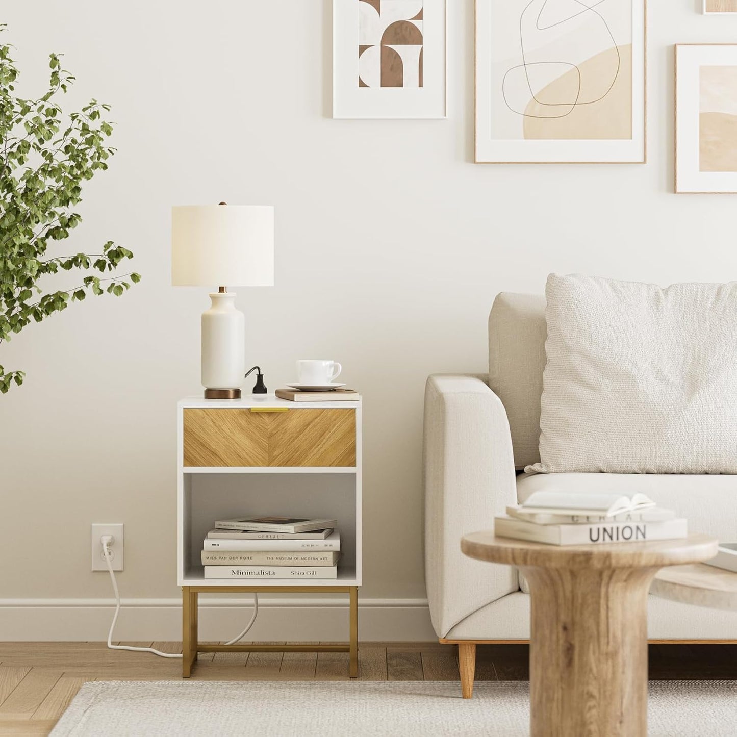 Masupu Extra Large Nightstand with Charging Station,Boho Night Stand Modern Farmhouse Wood Bedside Table with Storage Drawer and Open Shelf,Side End Table for Bedroom,Living Room,Office White