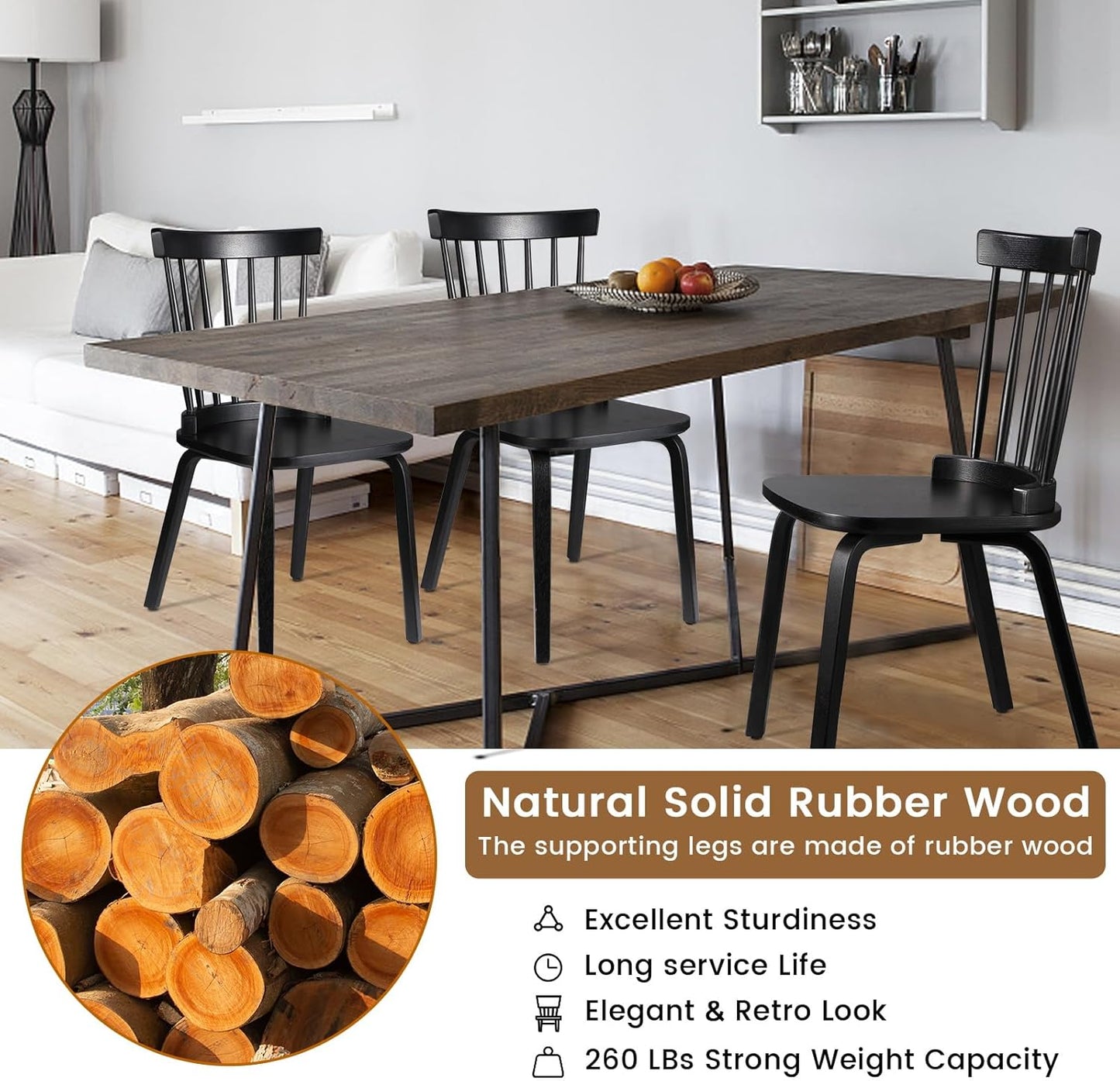 Unovivy Wood Dining Chairs Set of 4, Farmhouse Spindle Back, Widen Seat, Modern Mid-Century Country Style, for Living Room Restaurant, Black