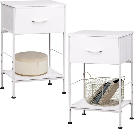 WLIVE Night Stand Set 2, White Nightstand with Fabric Storage Drawer and Open Wood Shelf, End Tables Dresser for Bedroom, Bed Side Table, Dorm, 25.03" Height
