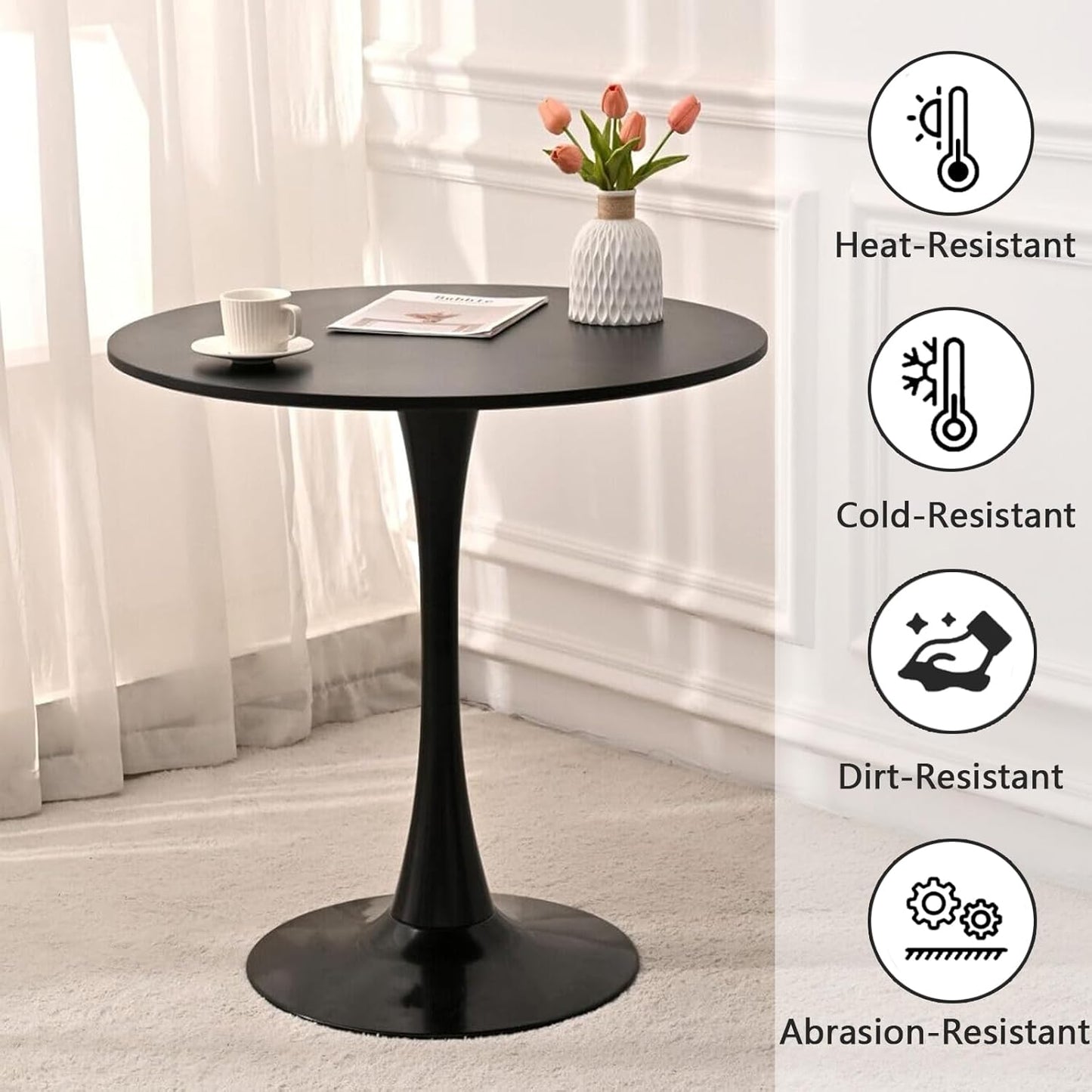 Black Round Dining Table, 24 Inches Tulip Round Kitchen Table, Mid-Century Leisure Table for Small Places, Dining Room, Living Room, Cafe