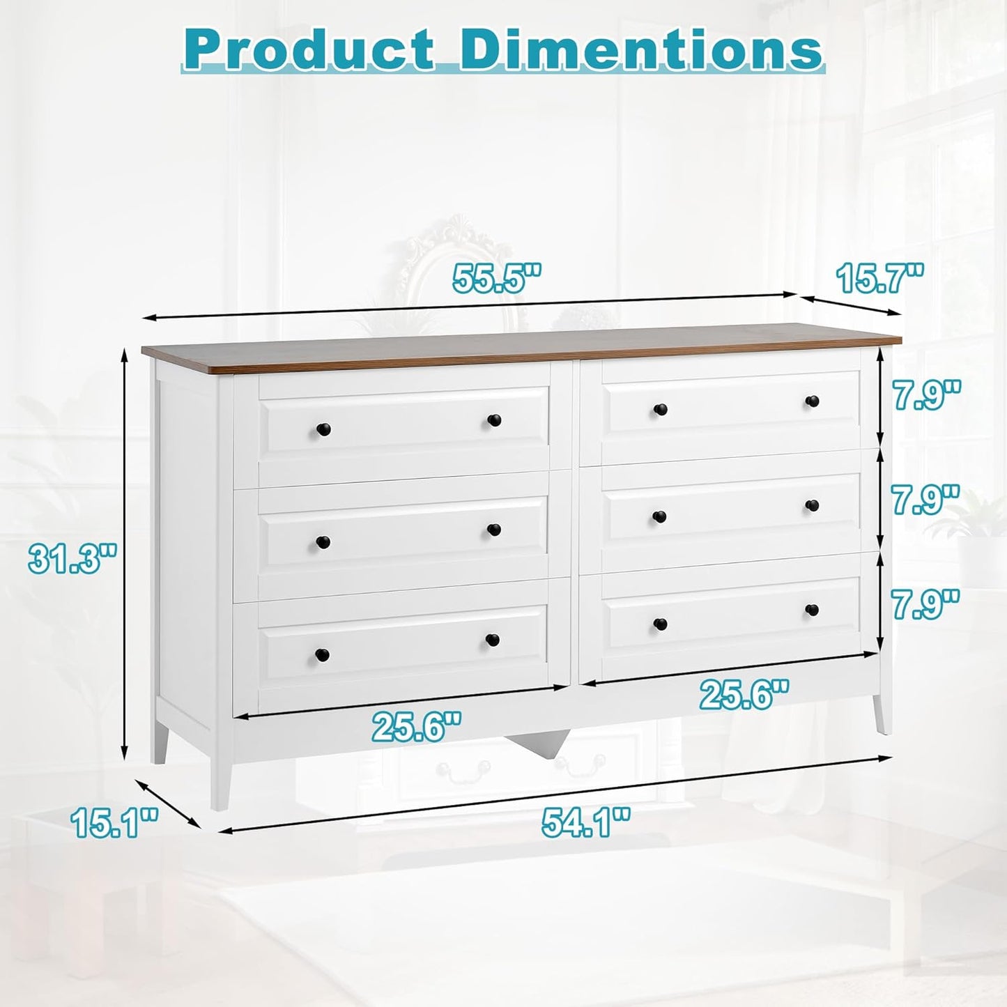 Farmhouse 6 Drawers Dresser for Bedroom, 55.5" Wide Wood Chest of Drawers with Metal Handle, Tall Storage Dressers Organizer for Living Room, Hallway, Ivory White