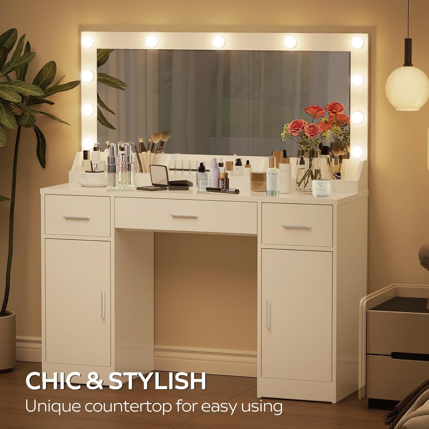 47.5” Vanity Desk with Large Mirror, 3 Colour Lighting Modes, Adjustable Brightness, Dresser with 3 Drawers & 2 Vertical Cabinets, Makeup Vanity Table for Women Girls