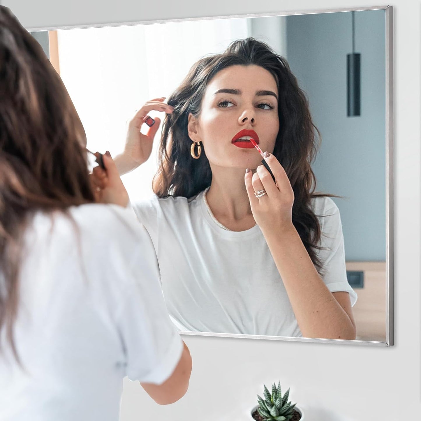 26x40 Inch Silver Bathroom Mirror - Copper-Free Mirror, Aluminum Alloy Frame Vanity Rectangle Wall Mounted Modern Mirror for Bedroom/Living Room/Porch Horizontal or Vertical