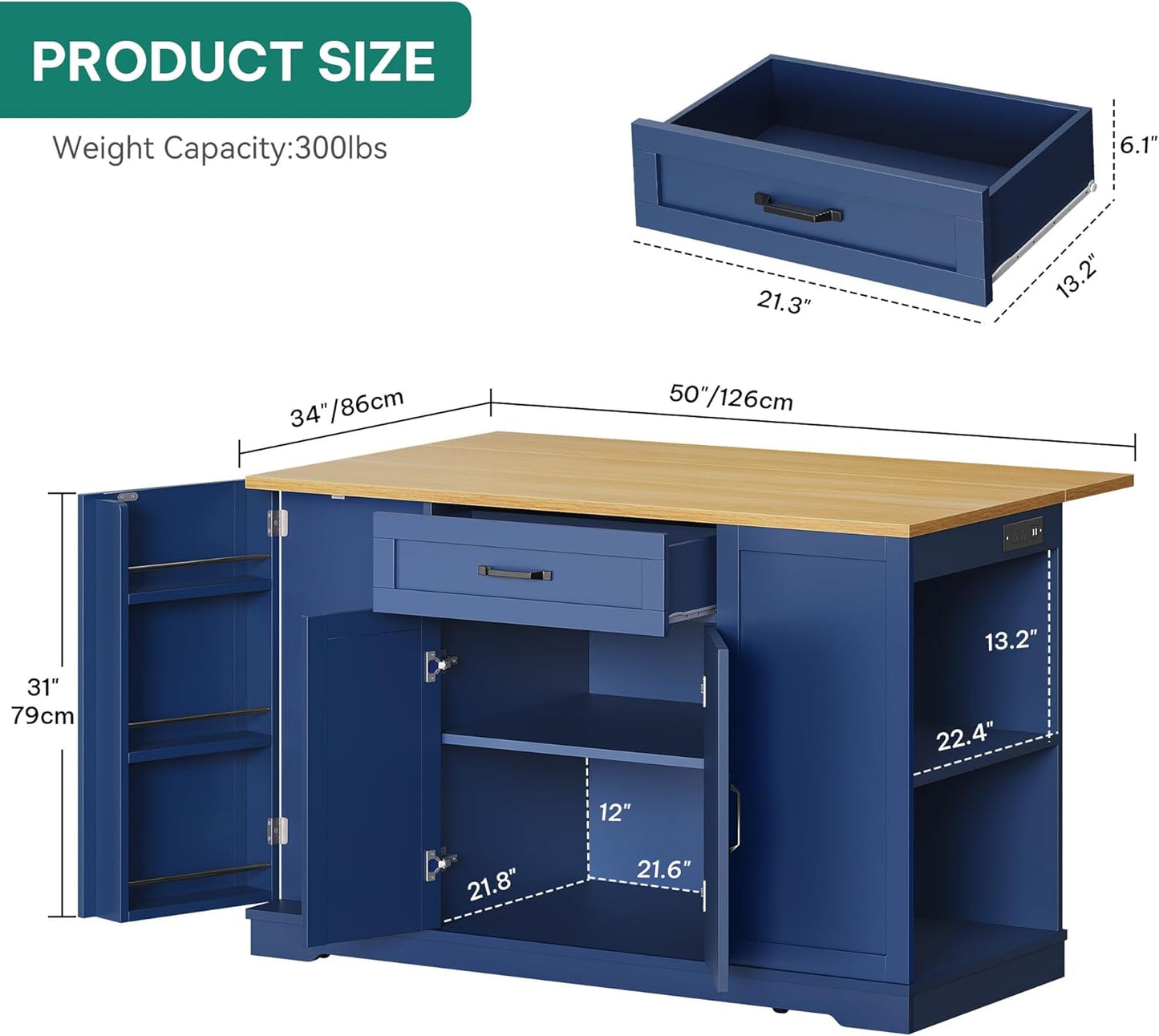 YITAHOME 50" Kitchen Island with Power Outlet & Drop Leaf, Rolling Island Cart with Trash Can Cabinet, Mobile Storage Islands with Microwave Rack, Door Storage Spice Rack, Navy Blue