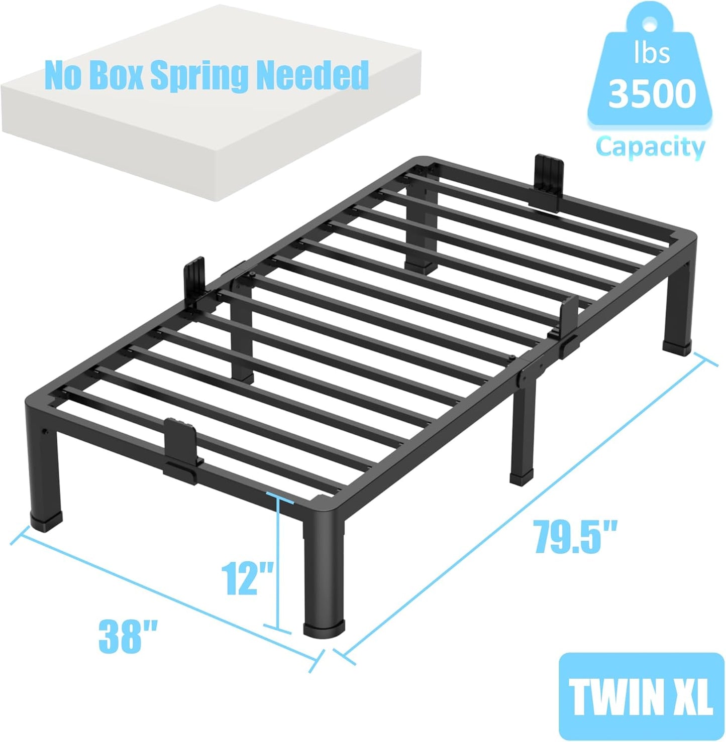 FUIOBYVV 12 Inch Twin XL Bed Frame with Round Corner Edge Legs 3500 lbs Metal Heavy Duty Steel Slats Support No Box Spring Needed Platform Noise Free Easy Assembly