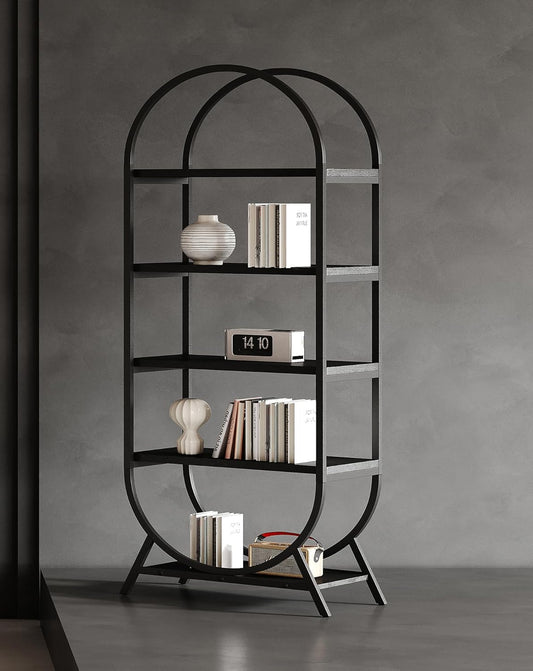 Bookshelf Arched Bookcase, Industrial 5 Tier Open Book Shelves with Metal Frame, 72" Tall Freestanding Display Rack for Home Office, Living Room, Black