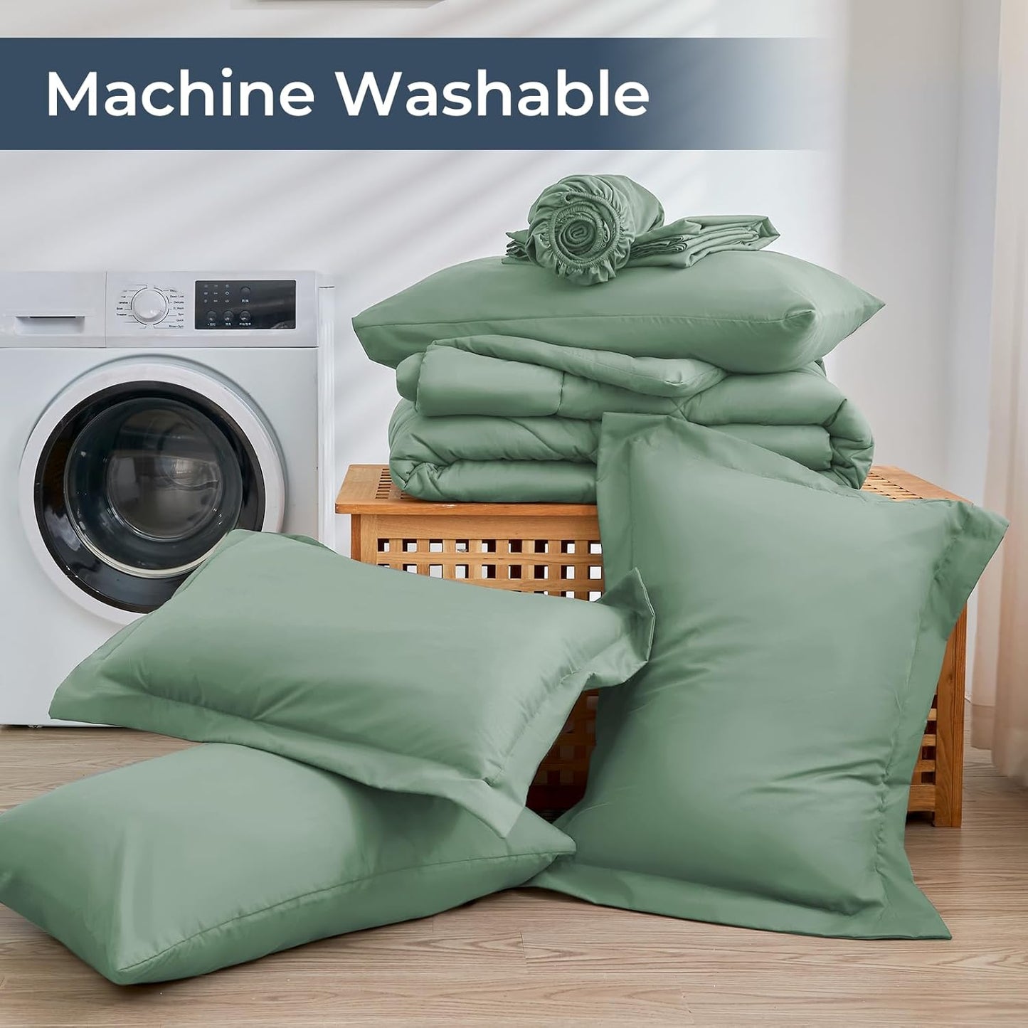 HEVUMYI Light Green Queen Comforter Set - 7-Piece All Season Bed in a Bag Queen, Ultra Soft Bedding Set with Comforter, Flat Sheet, Fitted Sheet, Pillowcases, Pillow Shams