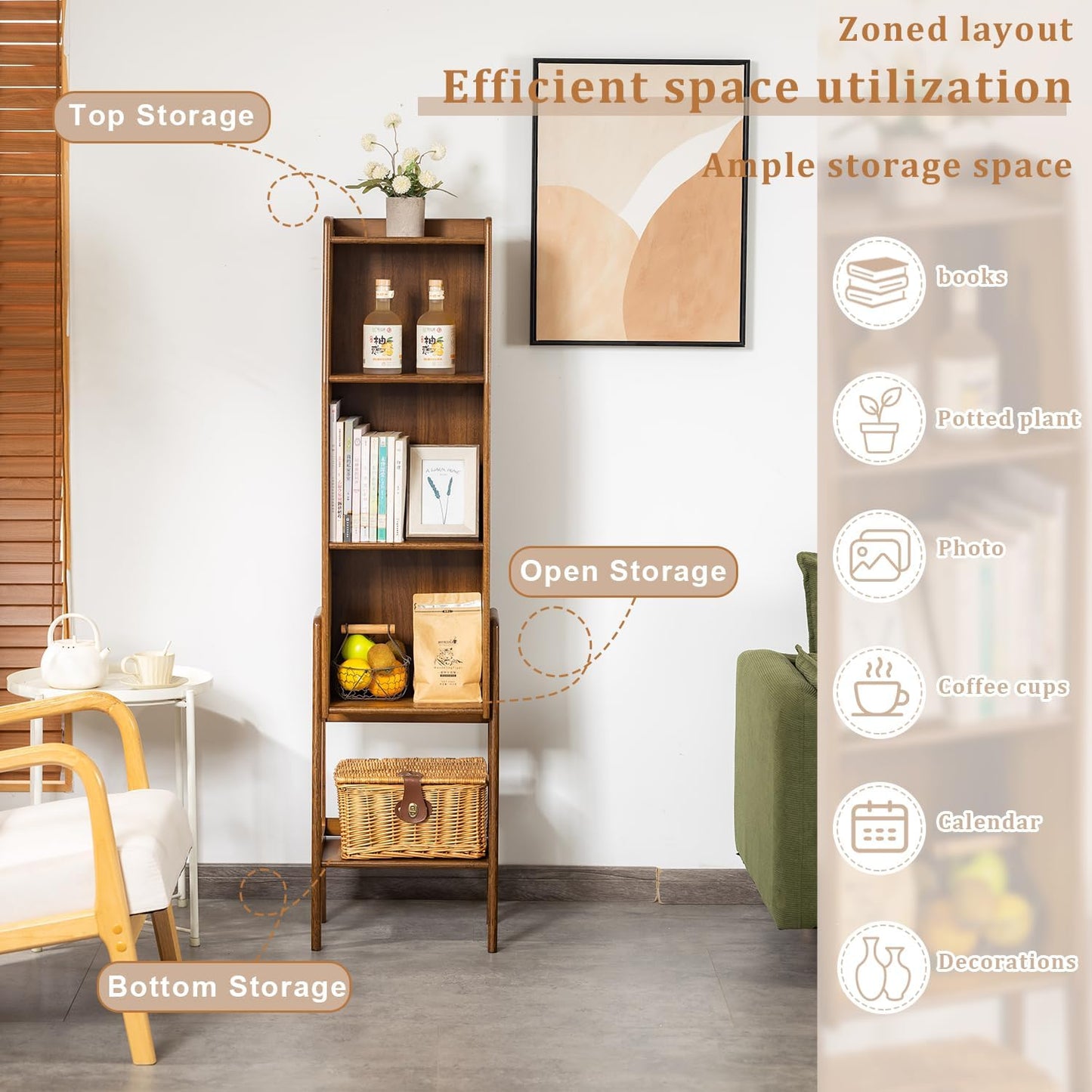 4-Tier Bamboo Bookshelf - Wood Bookcase Organizer with Open Shelves for Living Room & Home Office-Walnut Large