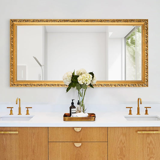 Large Vintage Mirror for Wall, 46''x 22'' Gold Antiuqe Living Room Mirror with Ornate Wood Frame, Decorative Mirrors for Entryway, Bathroom, Foyer, Hangs Horizontally or Vertically
