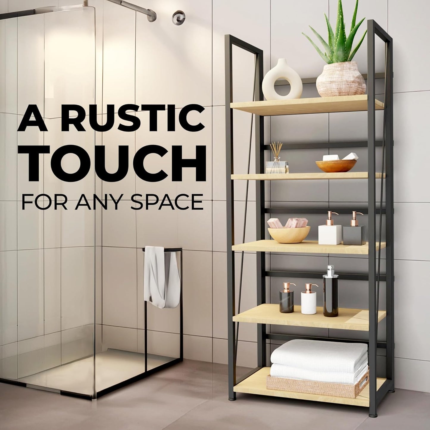 5 Tier Wood Book Shelf Organizer, No Assembly Bookshelf for Bedroom Living Room Office, Rustic Foldable Book Case, Tall Bookshelves, Open Book Shelves, Decorative Folding Shelf Display, Tall Bookcase