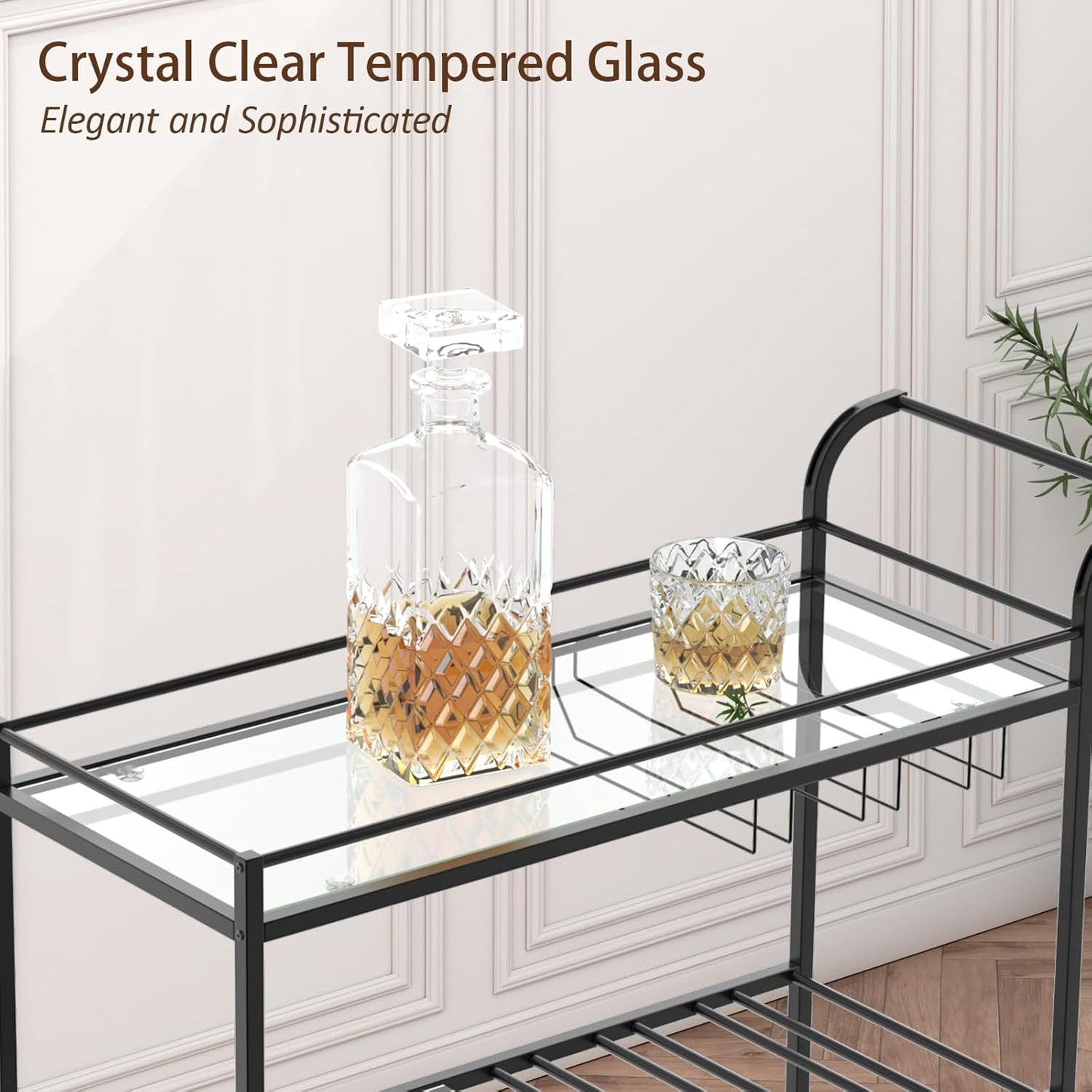 Black Bar Cart, Home Bar Serving Cart with Handle, Wine Cart with 3-Tier Glass Shelves, Beverage Cart with Wine Rack and Glass Holder, Bar Carts for The Home, Dining Room, Living Room