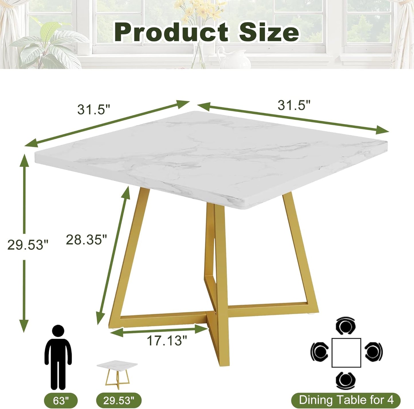 NicBex 31.5 Inch Square Dining Table for 4, Wooden Small Dinner Table Farmhouse Kitchen Tables with Metal Leg for Dining Room, Kitchen, Living Room, White & Gold