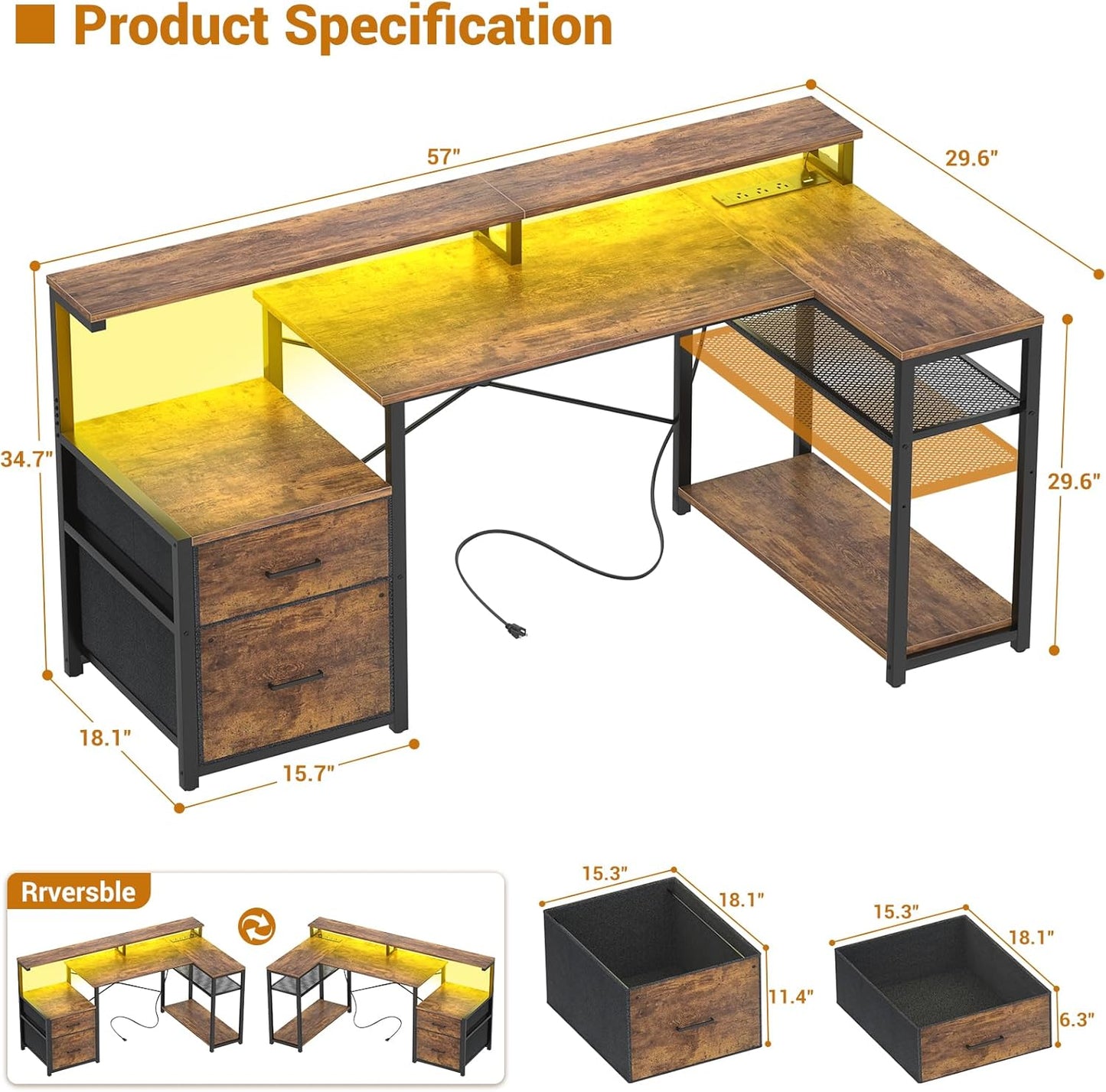 Aheaplus L Shaped Desk with File Drawer, Reversible L Shaped Computer Desk Gaming Desk with Power Outlet & LED Strip, Home Office Desk Corner Desk with Monitor Shelf, Storage Shelves, Rustic Brown