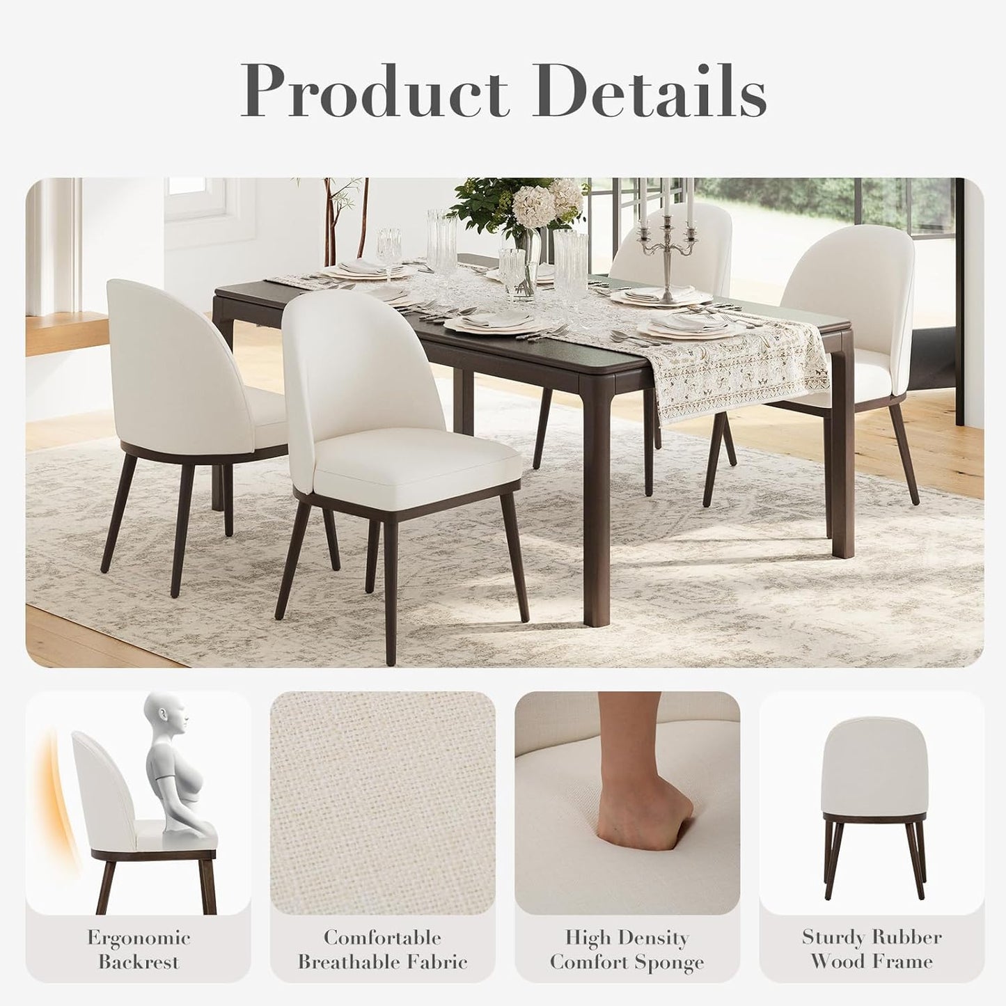 COLAMY Upholstered Dining Chairs Set of 6, Large Dining Room Kitchen Chairs with High Back and Deep Seat, Modern Fabric Dinner Chairs with Wood Legs, Beige