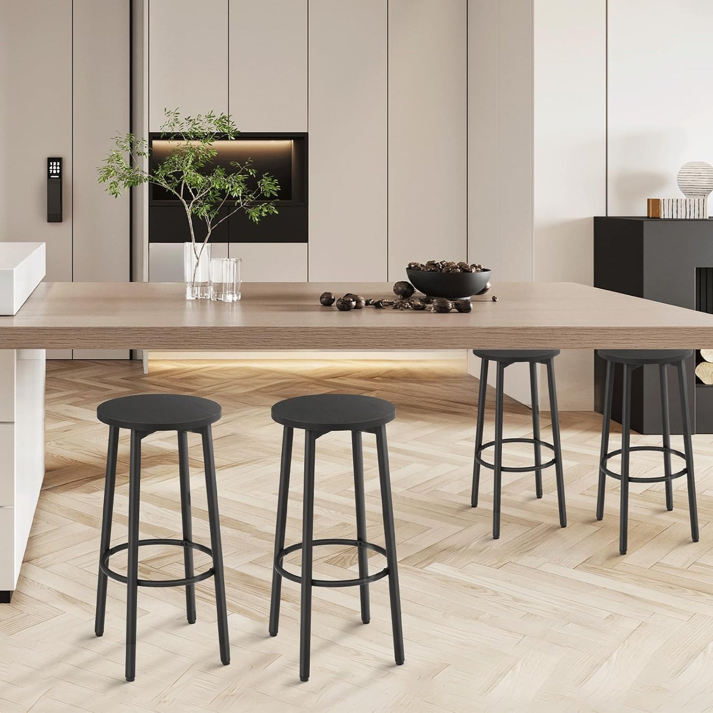 Athena Collection Bar Stools Set of 2, 25.5 Inches Round Counter Height Bar Stools Backless with Metal Legs and Footrest, Wood Barstools for Home, Kitchen Island, Counter, Black