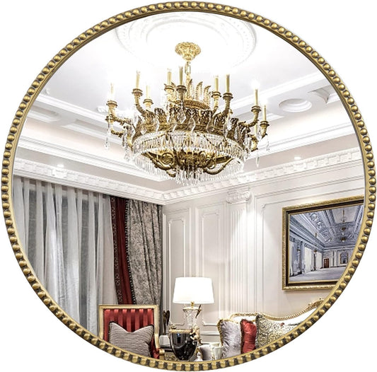 Round Bathroom Wall Mirror, 28"x28" Antique Gold Metal Beaded Frame Vanity Mirror, Wall Mounted Large Circle Makeup Mirror for Bedroom, Living Room, Entryway