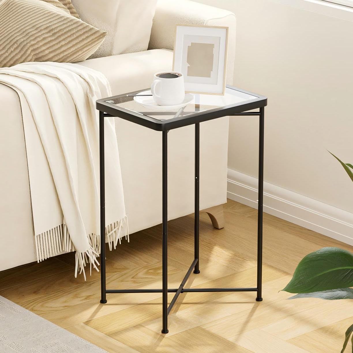 Garden 4 you Small Side Table, Glass End Table, Outdoor Side Table with Metal Frame, Mini Bedside Table for Living Room, Bedroom, Patio, Small Space, Black