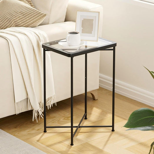 Garden 4 you Small Side Table, Glass End Table, Outdoor Side Table with Metal Frame, Mini Bedside Table for Living Room, Bedroom, Patio, Small Space, Black